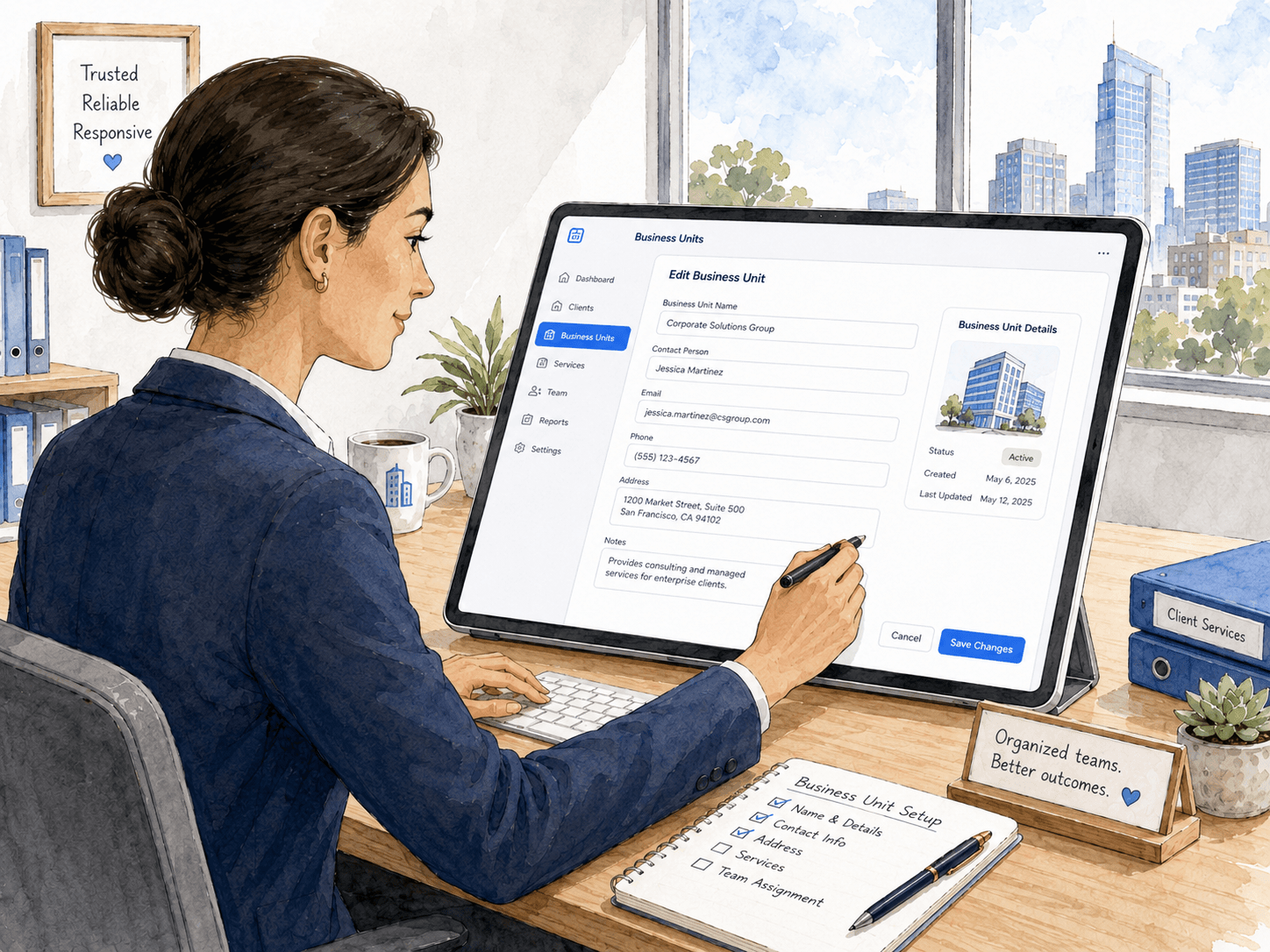 User entering contact person, address, and business unit details in the app.