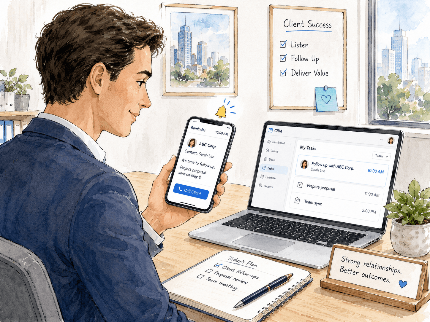 User receiving a notification to contact a client.