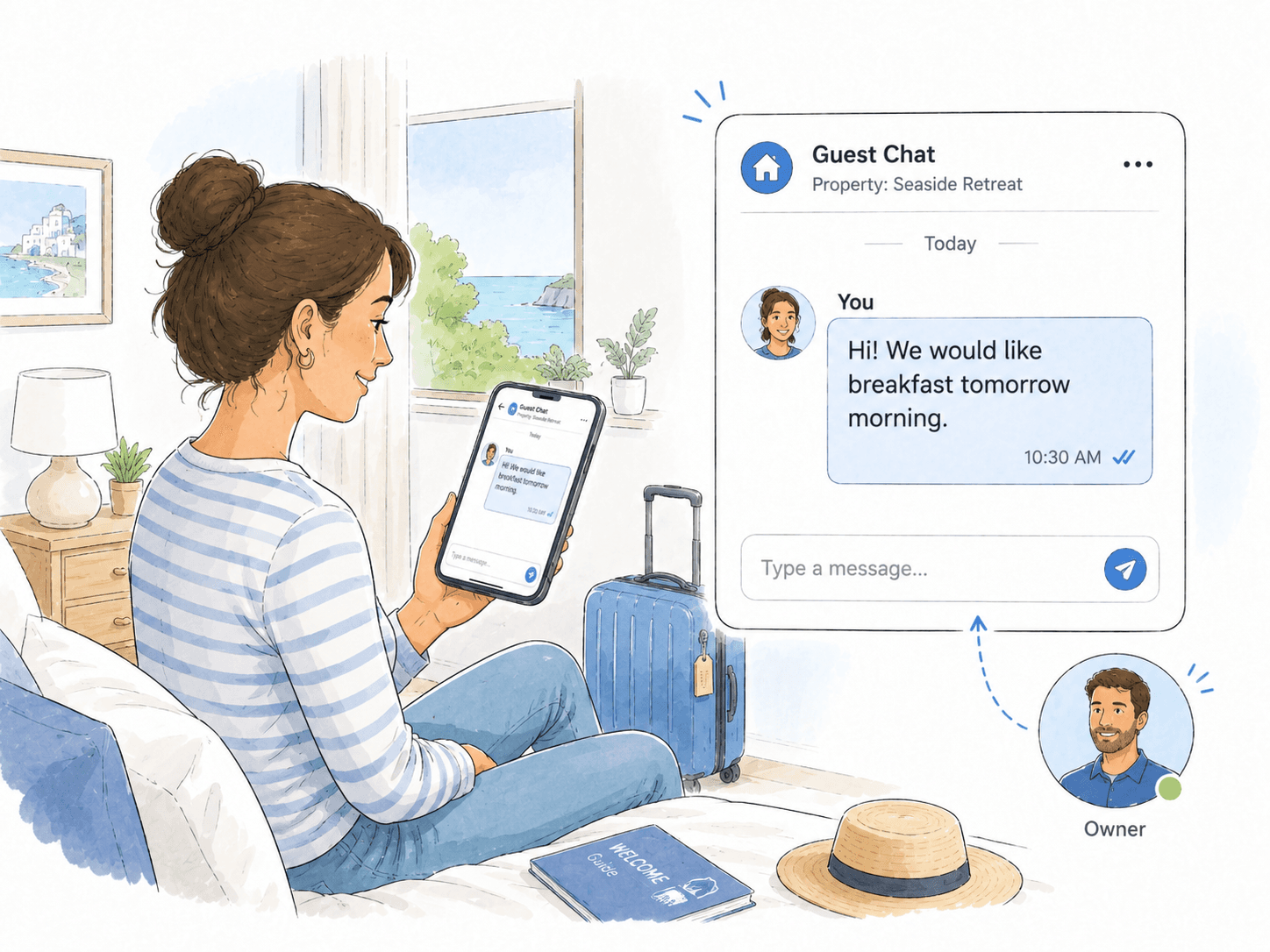 Guest sending a breakfast request to the accommodation owner through the app.