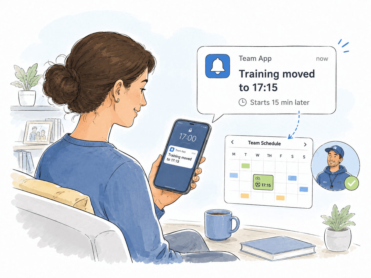 Parent receiving a notification that training moved by 15 minutes.