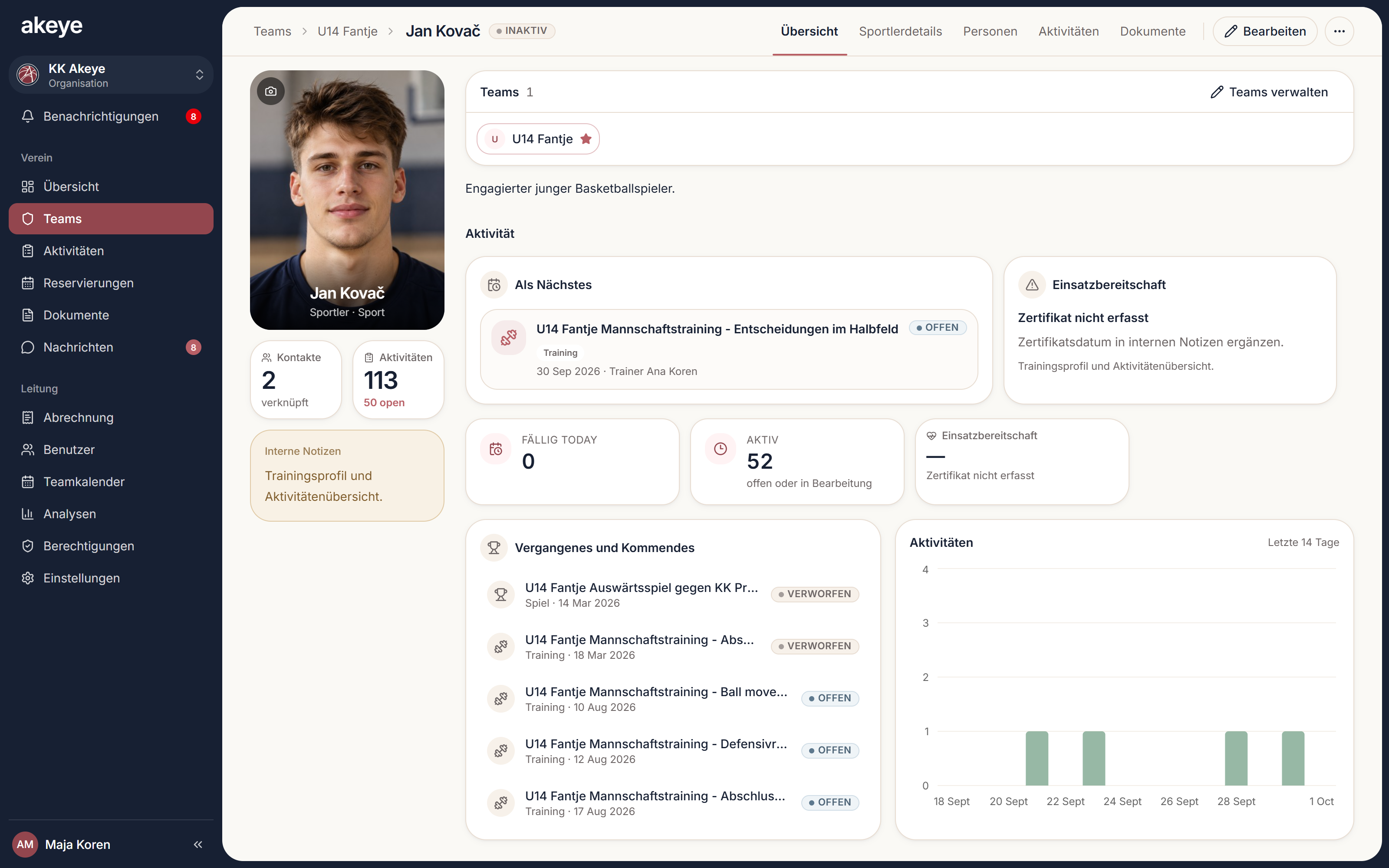 Eine echte Athletenübersicht in Akeye: Profil, Teamkontext und verknüpfte Informationen.