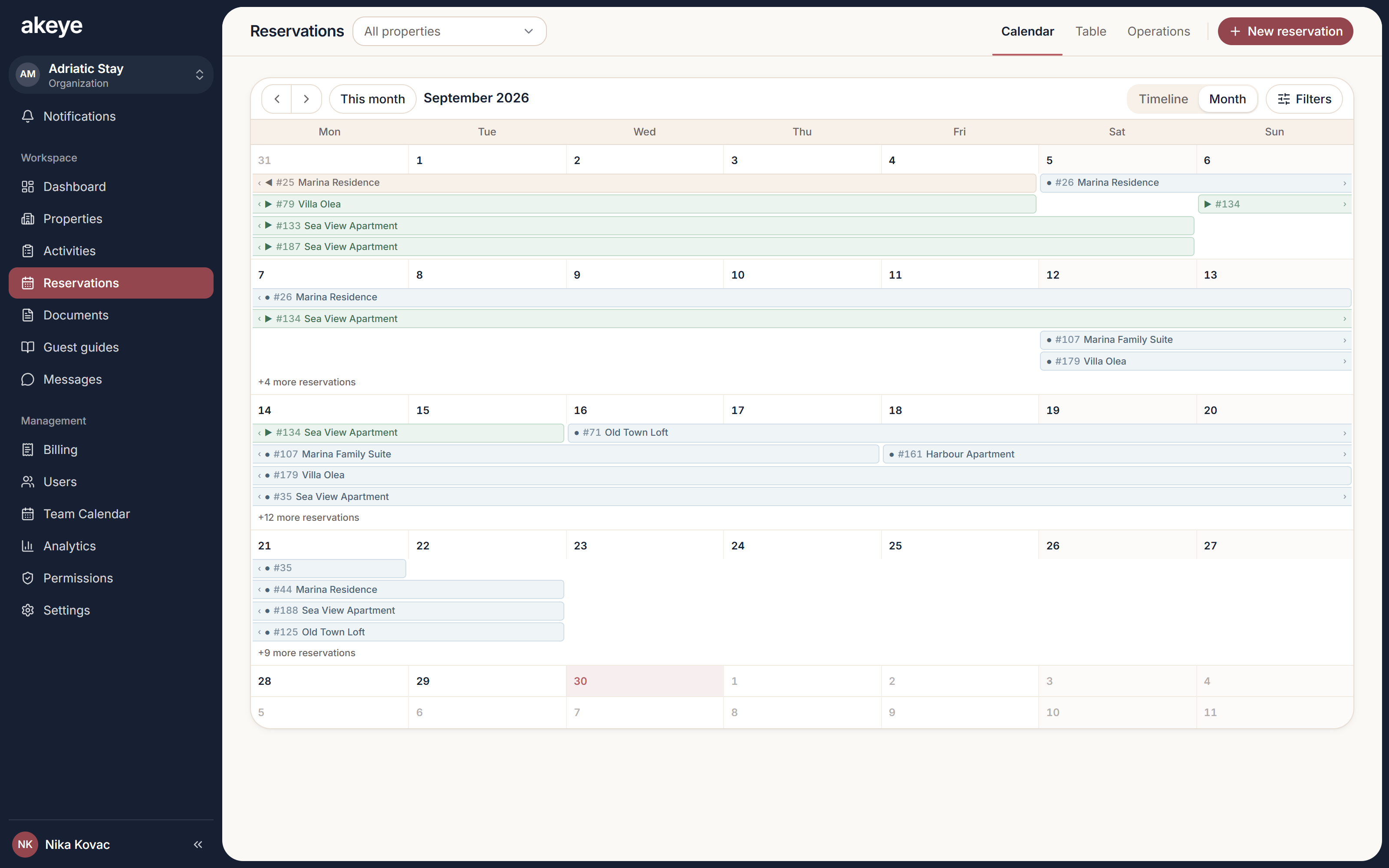 A real Akeye reservation calendar for planning accommodation and stays.